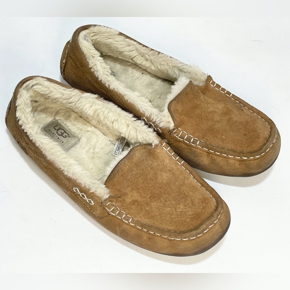 UGG Ansley Suede Sheepskin Moccasin Chestnut Slippers - Picture 5 of 12